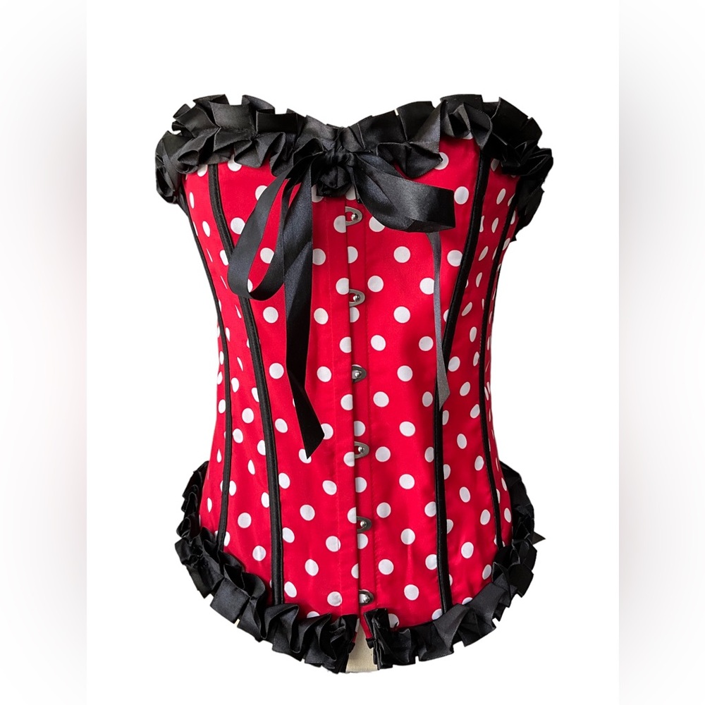 Corset Red Black white polka dots boned satin ruffles lace up back Size XL
